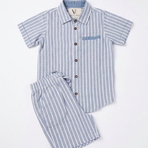 Veylora Kids Blue Striped Seersucker Cotton Co-ord Set – Half Sleeve Shirt & Shorts