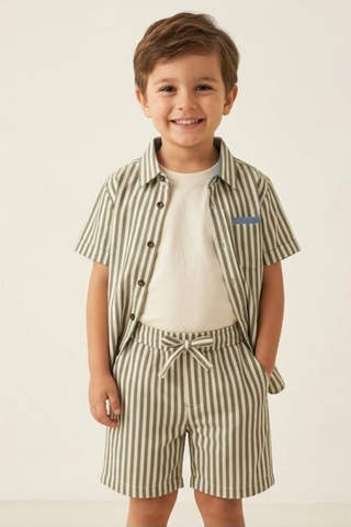 Veylora Boys Olive Striped Co-Ord Set | Shirt, Tee & Shorts 2-Piece Summer Outfit