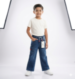 Boys Premium Denim Cargo Jeans with Drawstring Waist – Dark Blue