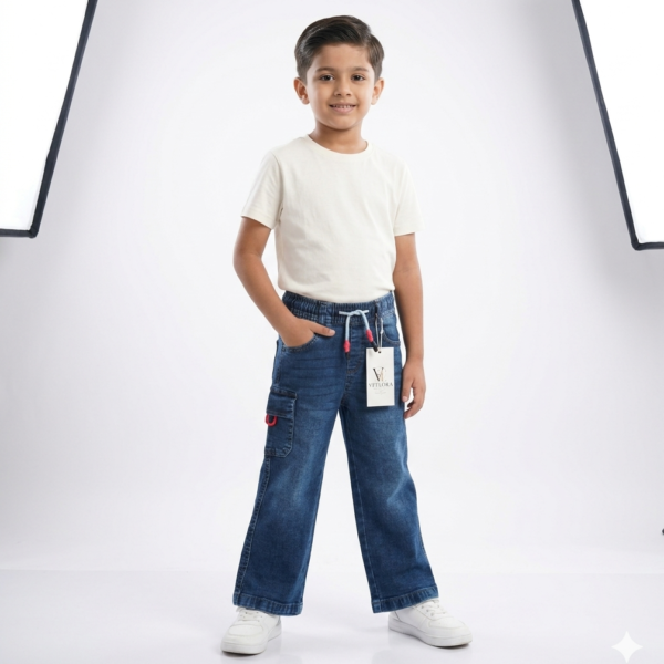 Boys Premium Denim Cargo Jeans with Drawstring Waist – Dark Blue