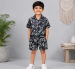 Midnight Leaf Print Premium Kids Co-Ord Set | Soft Cotton Shirt & Shorts for Boys