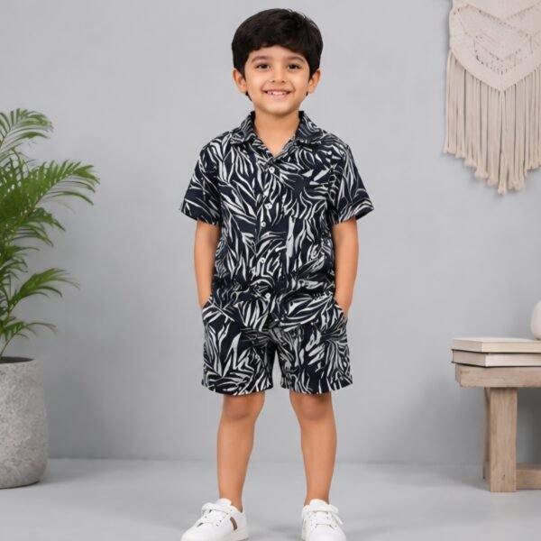 Midnight Leaf Print Premium Kids Co-Ord Set | Soft Cotton Shirt & Shorts for Boys