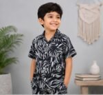Midnight Leaf Print Premium Kids Co-Ord Set | Soft Cotton Shirt & Shorts for Boys - Image 2