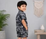 Midnight Leaf Print Premium Kids Co-Ord Set | Soft Cotton Shirt & Shorts for Boys - Image 3