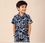 Boys Navy Blue Floral Printed Co-Ord Set | Half Sleeve Shirt & Matching Shorts