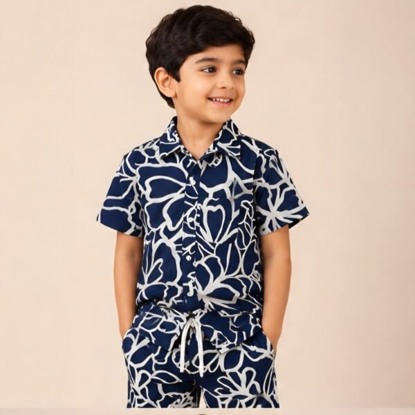 Boys Navy Blue Floral Printed Co-Ord Set | Half Sleeve Shirt & Matching Shorts