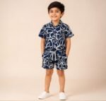 Boys Navy Blue Floral Printed Co-Ord Set | Half Sleeve Shirt & Matching Shorts - Image 2