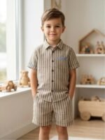 Boys Striped Co-Ord Set – Half Sleeve Shirt & Shorts | Beige