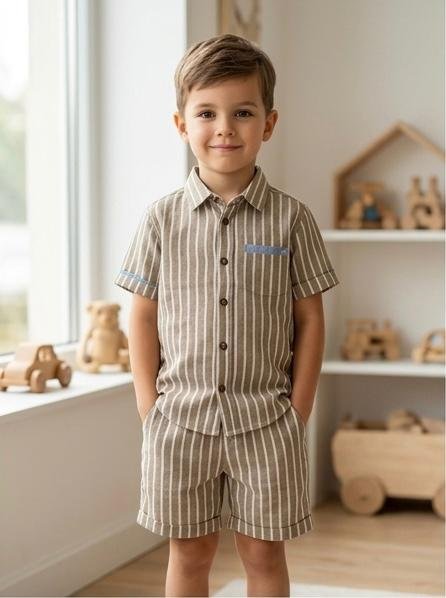 Boys Striped Co-Ord Set – Half Sleeve Shirt & Shorts | Beige