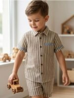Boys Striped Co-Ord Set – Half Sleeve Shirt & Shorts | Beige - Image 2