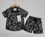 Kids Black Leaf Print Co-Ord Set | Premium Cotton Shirt & Shorts | Veylora