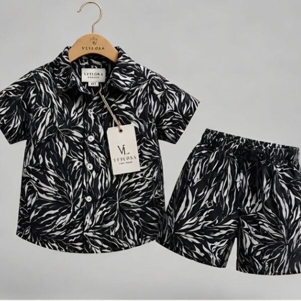 Kids Black Leaf Print Co-Ord Set | Premium Cotton Shirt & Shorts | Veylora