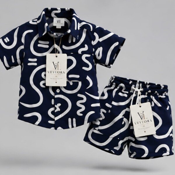 Boys Navy Blue Abstract Printed Co-Ord Set | Half Sleeve Shirt & Matching Shorts