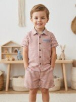 Boys Brown Striped Co-Ord Set | Half Sleeve Shirt & Matching Shorts
