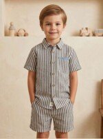 Boys Grey Striped Co-Ord Set | Soft, Comfortable Half Sleeve Shirt & Matching Shorts