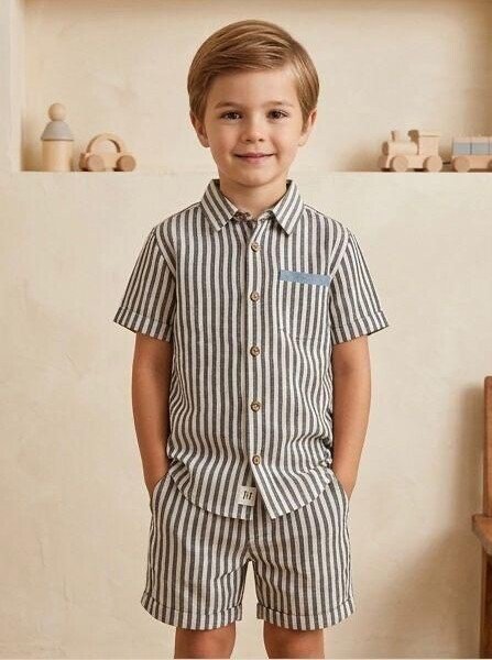 Boys Grey Striped Co-Ord Set | Soft, Comfortable Half Sleeve Shirt & Matching Shorts
