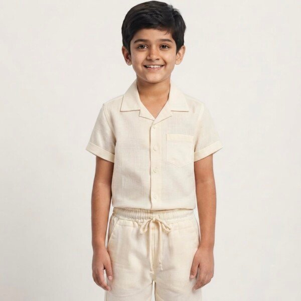 Veylora Boys Off White Linen Co-Ord Set | Half Sleeve Shirt & Shorts Outfit