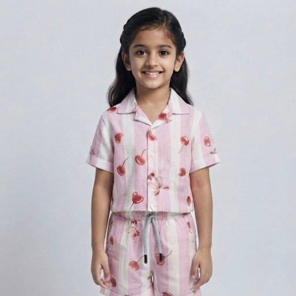Veylora Girls Cherry Heart Pink Co-Ord Set | Half Shirt & Shorts Outfit