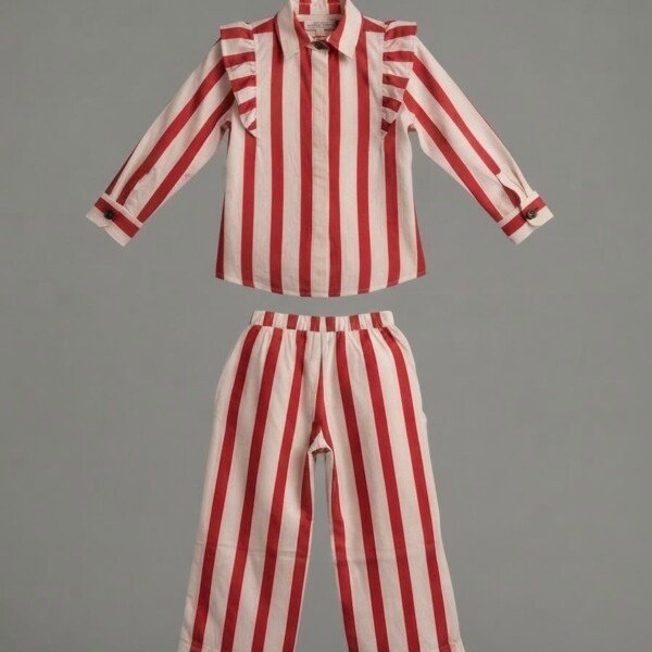 Veylora Girls Red Frill Co-Ord Set | Full Sleeve Shirt & Pants Outfit