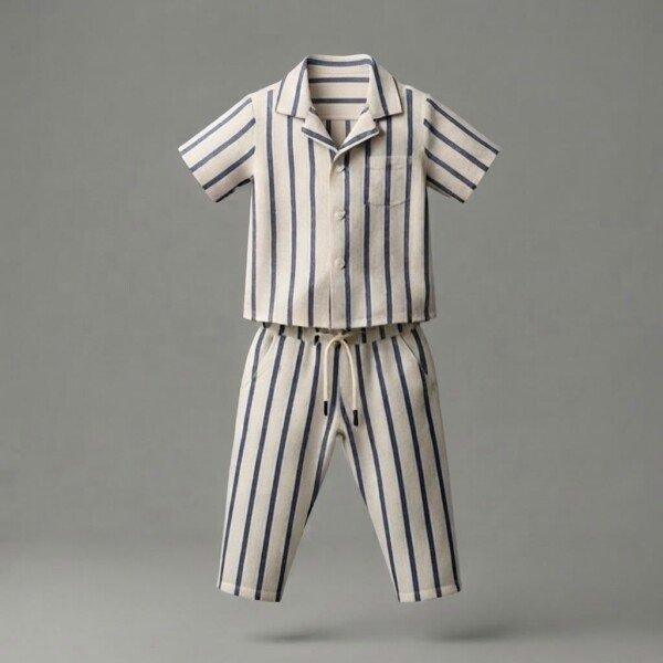 Veylora Boys White Blue Line Co-Ord Set | Half Shirt & Full Pants