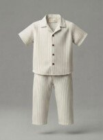 Veylora Boys White Line Co-Ord Set | Half Shirt & Full Pants Outfit