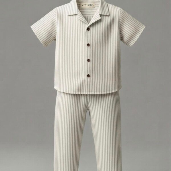 Veylora Boys White Line Co-Ord Set | Half Shirt & Full Pants Outfit