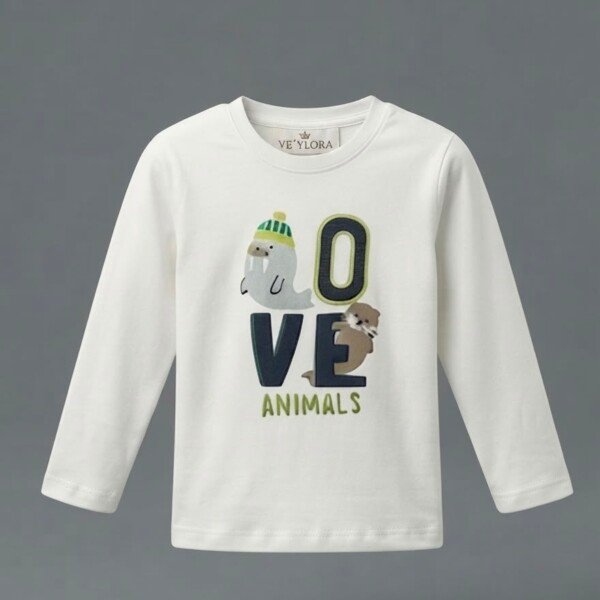 Veylora Love Animal Boys White T-Shirt | Soft Cotton Casual Everyday Wear Kids