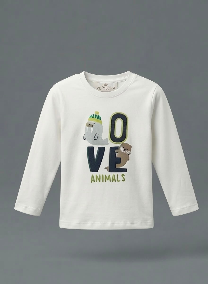 WhatsApp Image 2026-07-10 at 11.21.10 (2) Veylora Love Animal Boys White T-Shirt | Soft Cotton Casual Everyday Wear Kids - Image 1