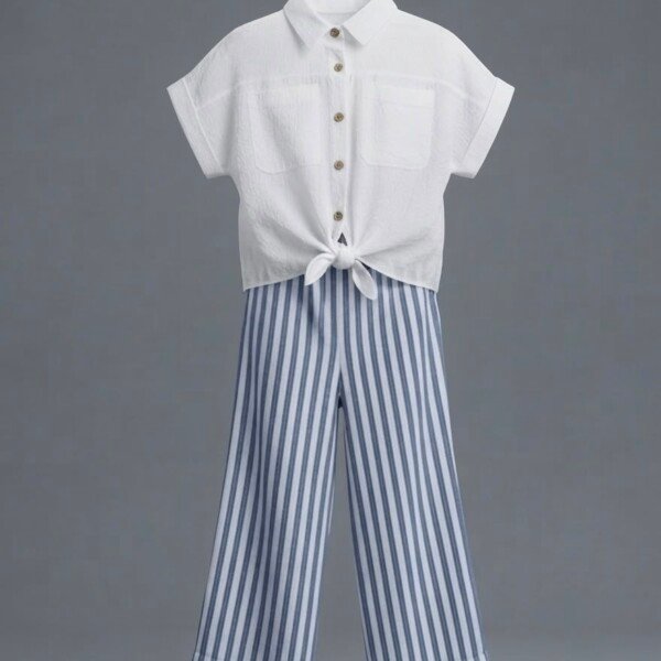 Veylora Girls White Blue Knot Co-Ord Set | Top & Pajama Outfit Kids