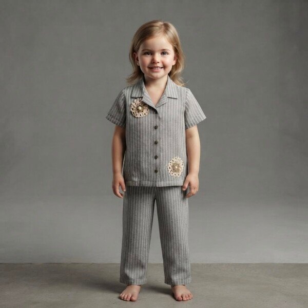 Veylora Girls Grey Two White Flowers Dress | Soft Stylish Casual Everyday Wear Kids