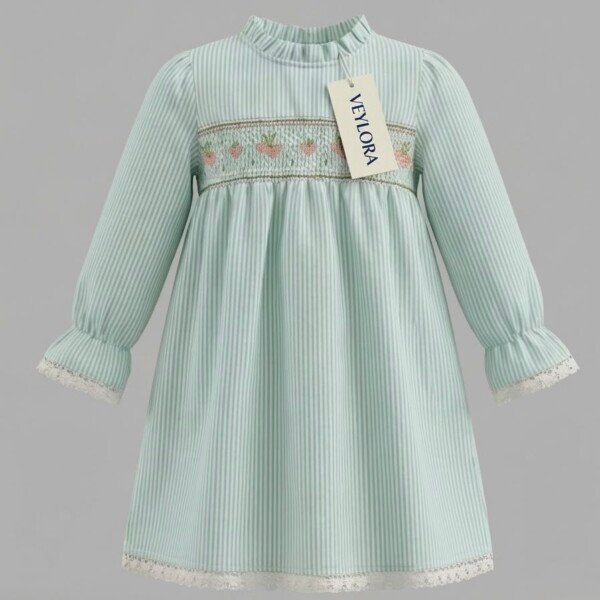 Veylora Minty Green Strawberry Print Frock for Girls | Soft Cotton Casual Dress